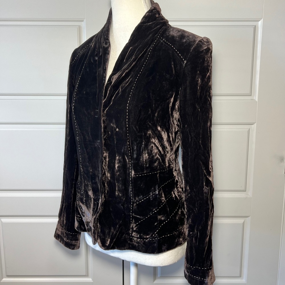 Elie Tahari Chocolate Brown Silk Blend Velvet Blazer Form Fitting Shawl Collar 4 - Picture 10 of 11